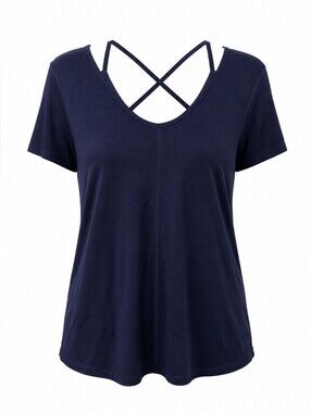 Old Navy Navy Short Sleeve V-Neck Top with Crisscross Back